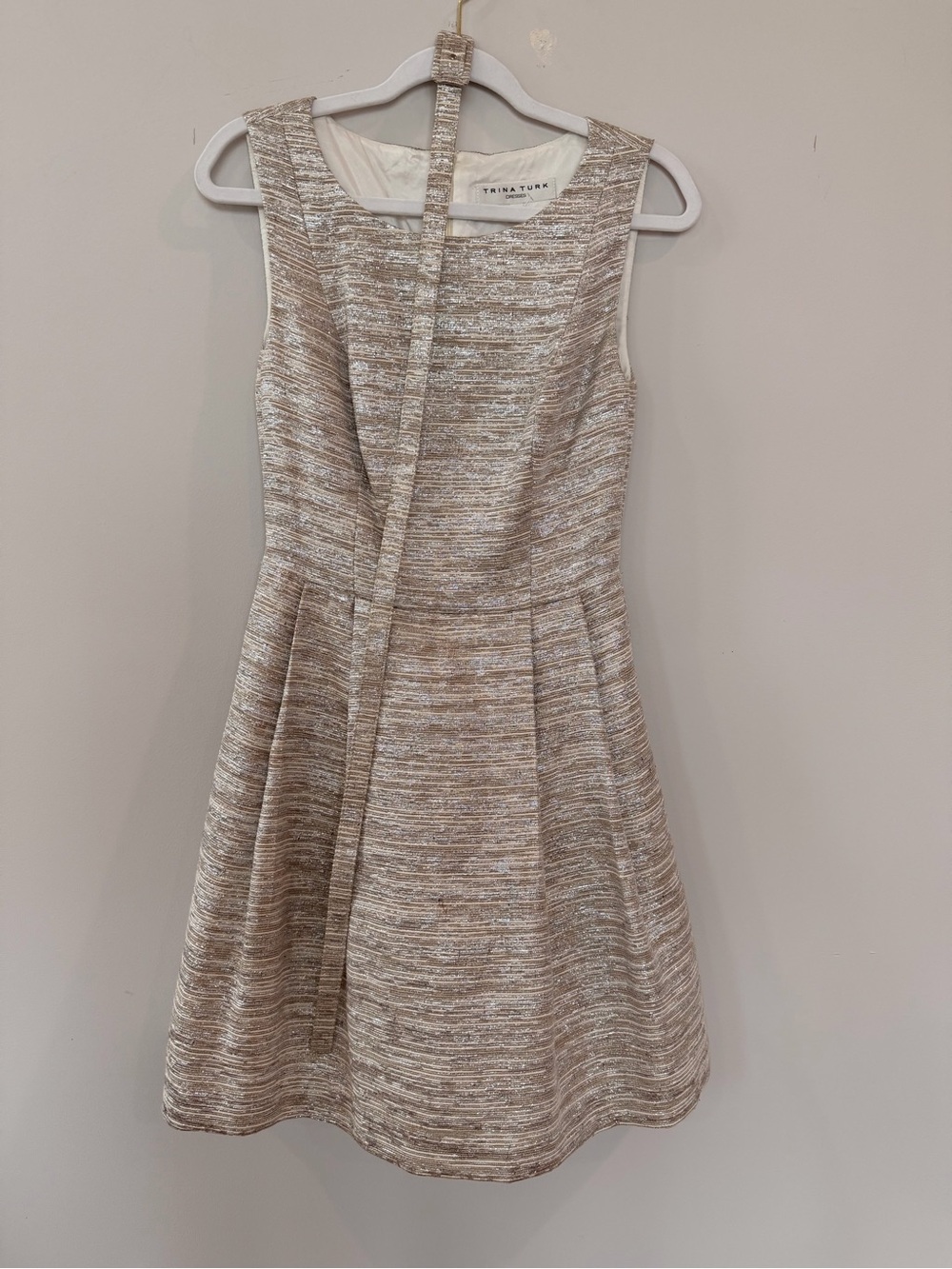Trina Turk Neutral Beige-White Textured Sleeveless Fit & Flare Dress